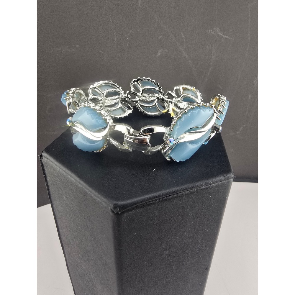 Vintage Estate Link Bracelet Blue Molded Thermoset Rhinestone Silver Tone 7in